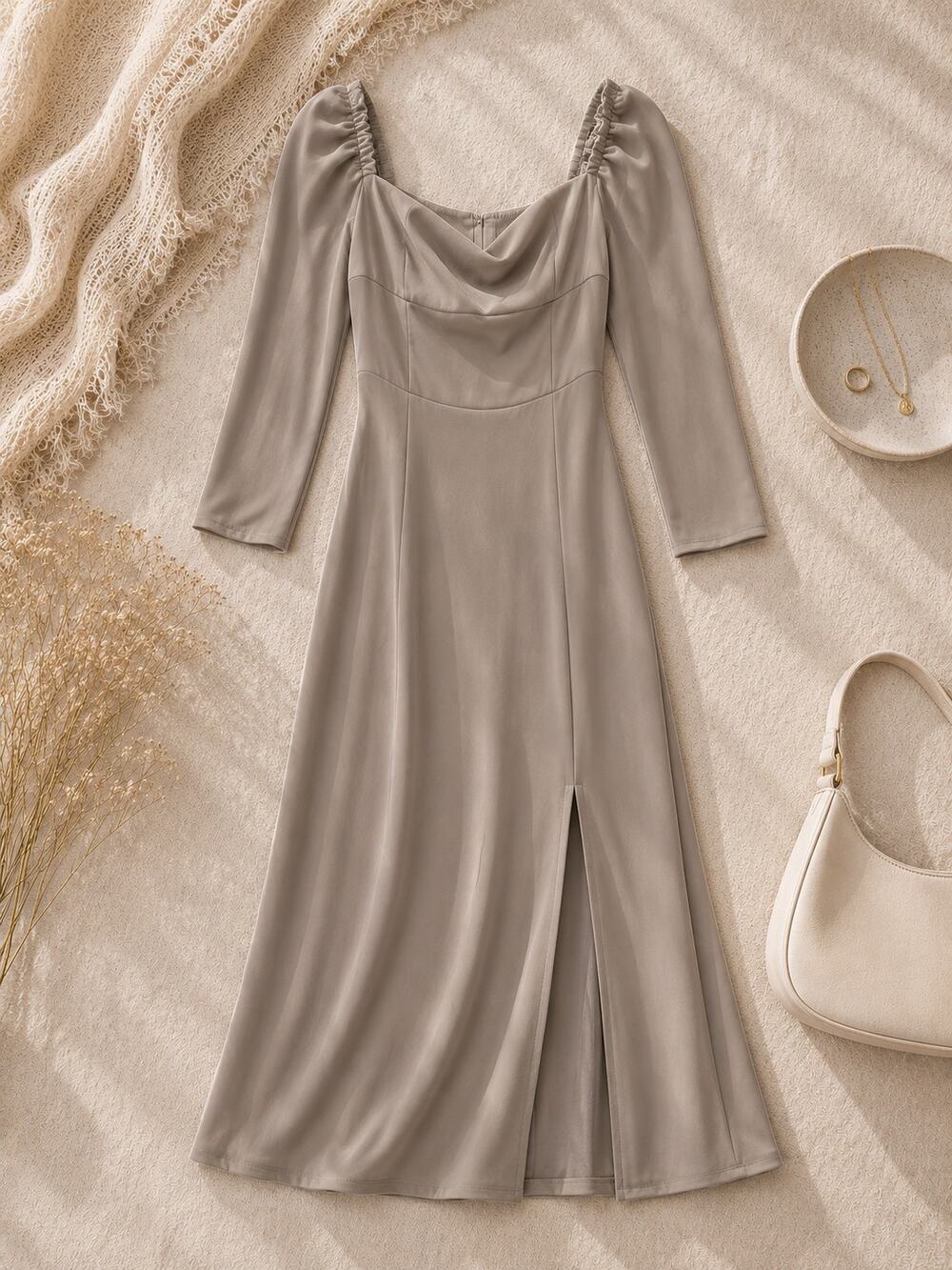 Wilfred Aritzia Women's Tulum Sweetheart Midi Dress Taupe Slit Romantic Size 2